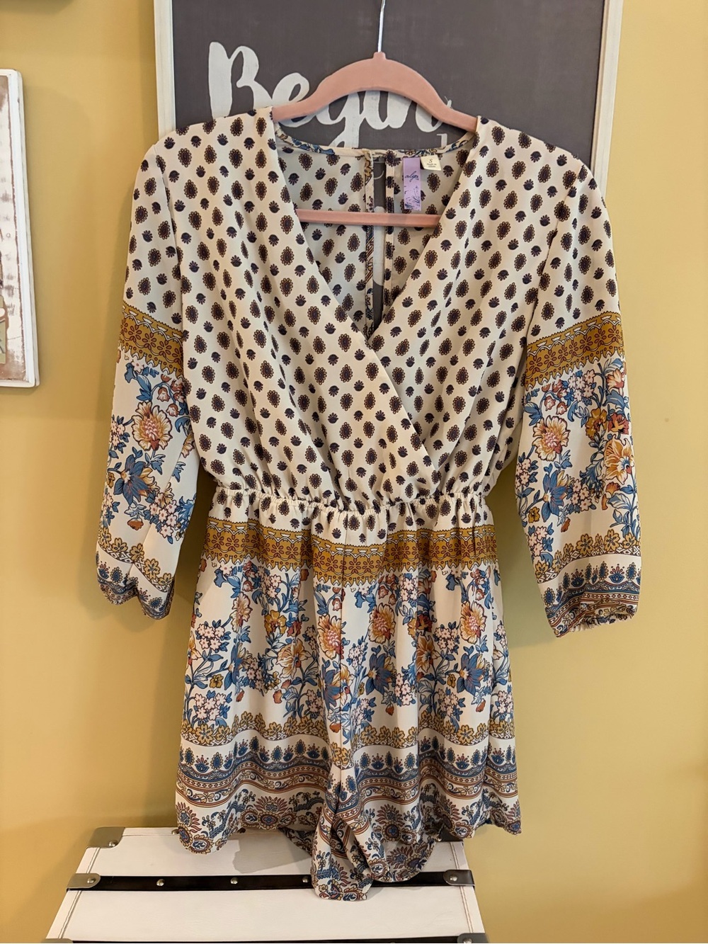 Boho Floral Wrap Romper- Cream with Blue & Mustard Accents